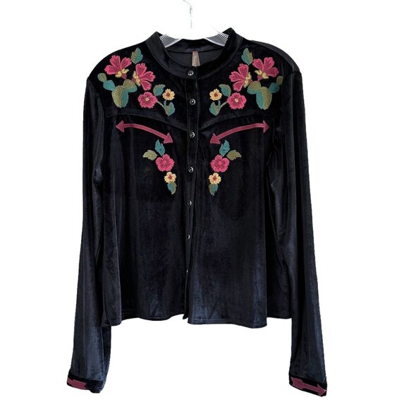 Stetson Black Velour Button Up Shirt with Floral Cactus Embroidery - Picture 1 of 9